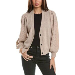 NWT Two Bees Cashmere Wool Taupe Pointelle Puff Slv V-Neck Cardigan Sweater XS